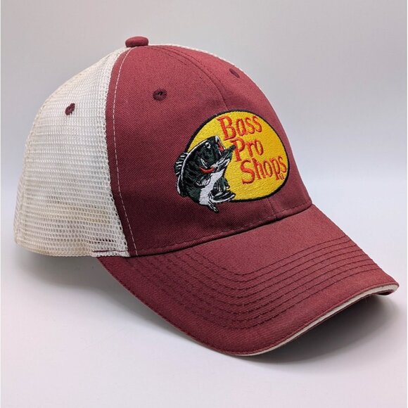 Bass Pro Shops Hat Cap White Red Burgundy Strap Back Fishing BPS Outdoor Mesh - Picture 1 of 5